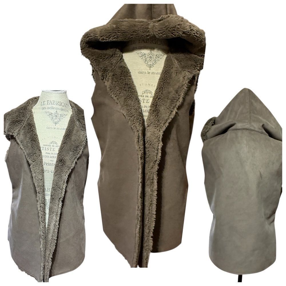 Dylan Faux Fur Sleeveless Reversible Women's Hooded Vest Taupe Brown XL